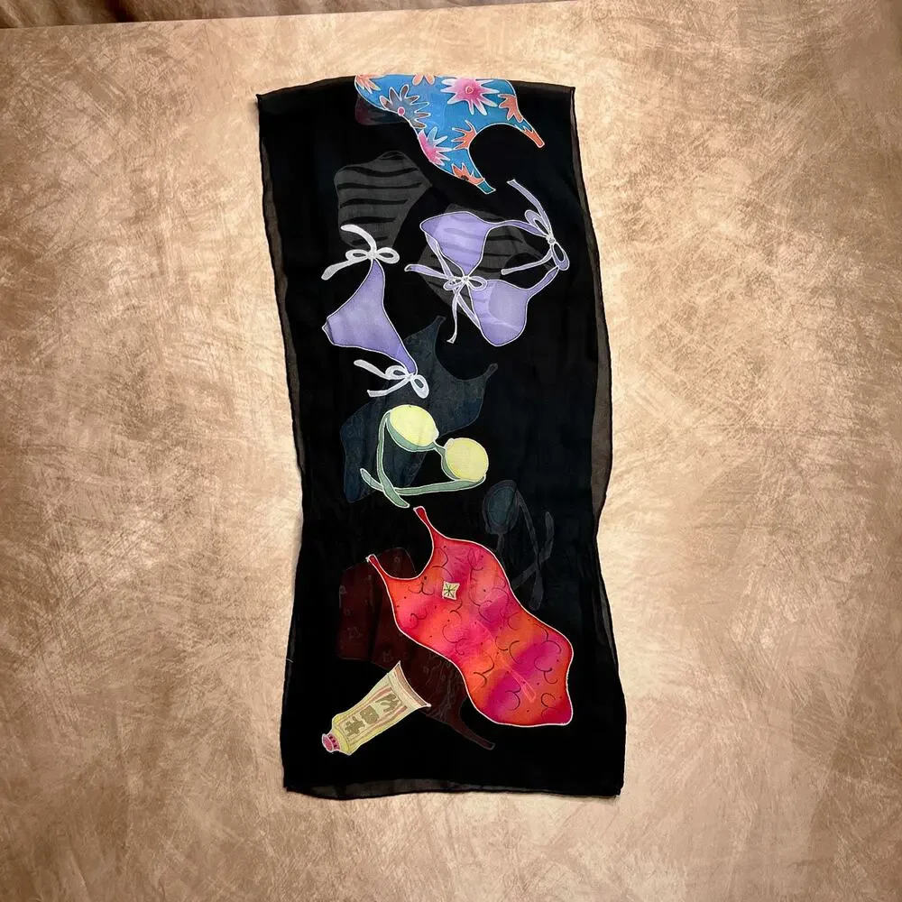 Vintage 80s Beach Swimsuit Bikini Print Scarf Sheer Multicolor Retro Tropical